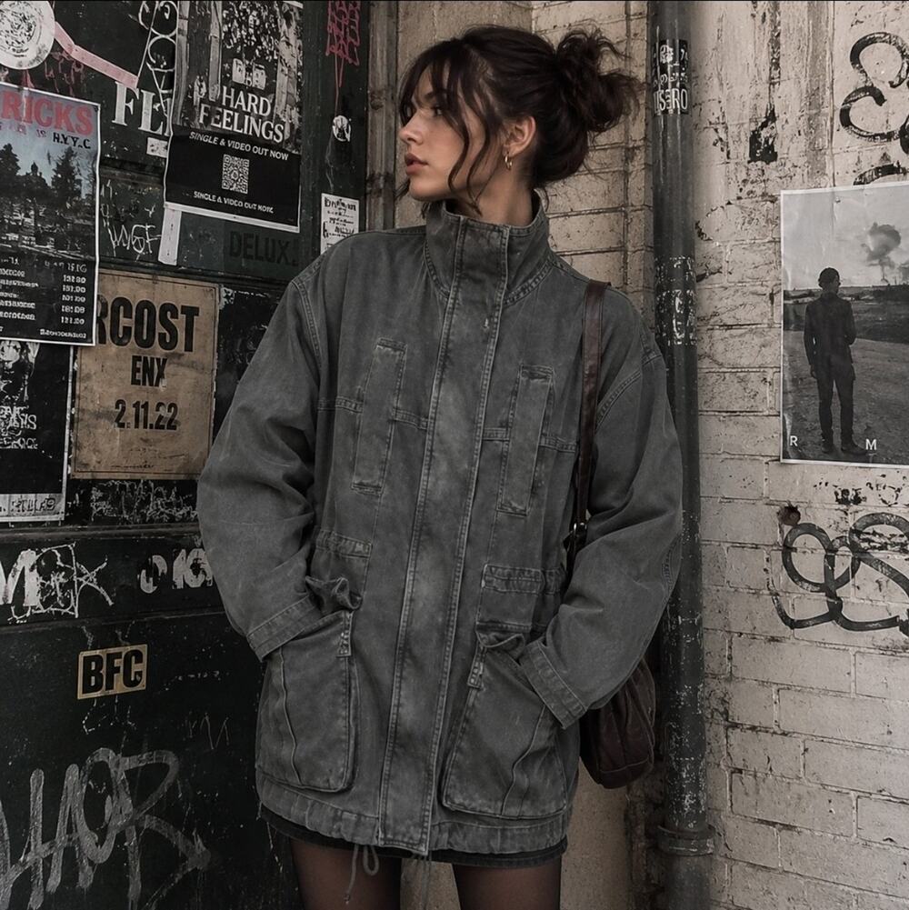 Zara Sz L Oversized Grey Denim Parka Jacket Distressed Grunge Hipster Coat